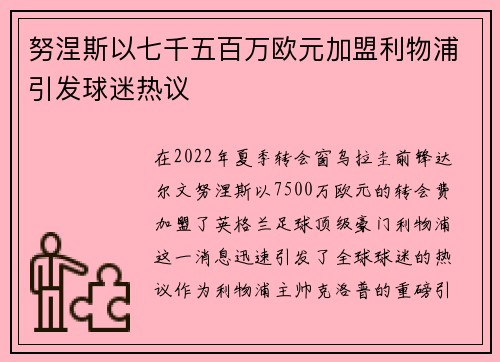 努涅斯以七千五百万欧元加盟利物浦引发球迷热议 努涅斯以七千五百万欧元加盟利物浦引发球迷热议